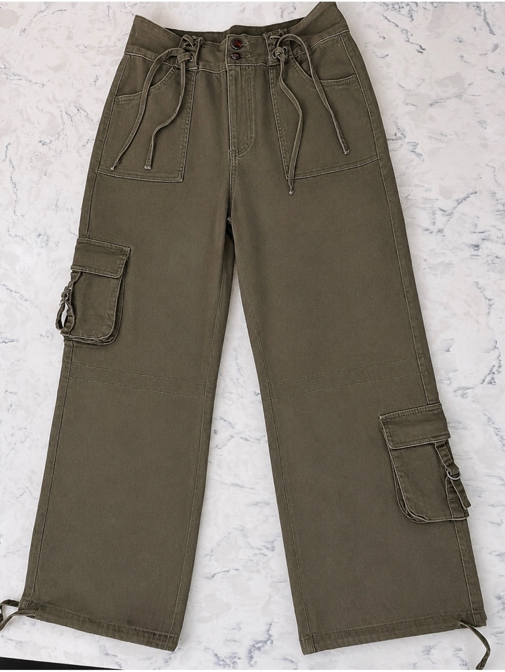 Women’s Olive Green Wide Leg Cargo Pants with Drawstring Waist & Ankle Ties Y2K